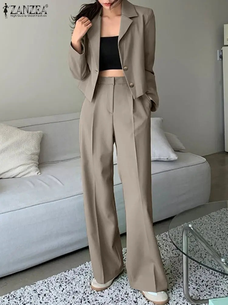 Women's Vintage Tracksuit™ ZANZEA Elegant Blazer Long Sleeve Tops Wide Leg Pants Work Suit