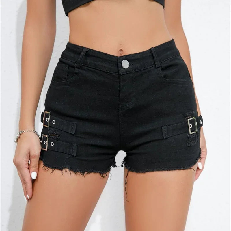 Women's Denim Shorts™ High Waist Broken Holes Patchwork Tassel Ultra-Short Pants