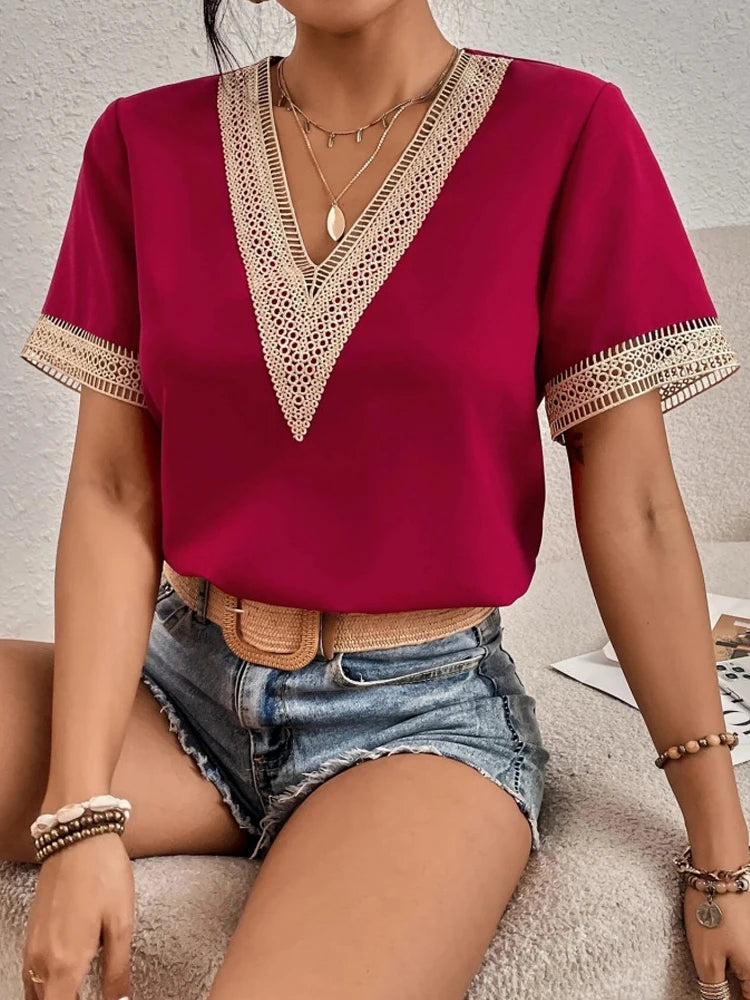 Women's Short Sleeve T-Shirt™ Summer Slim Fit Pullover Basic Tees V Neck Lace Tops Y2k Clothes