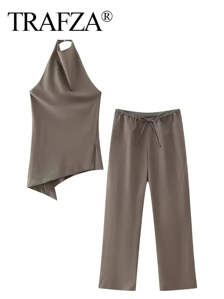 Women's TRAFZA Women Vintage Suits™ Backless Halter Asymmetric Tank Top + Drawstring Trousers