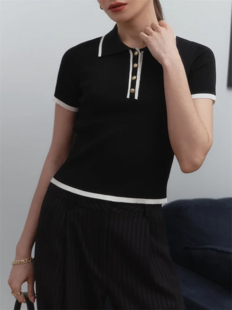 Women's Summer Knit Tops™ Short Sleeve Patchwork Slim Lapel Ribbed Tees