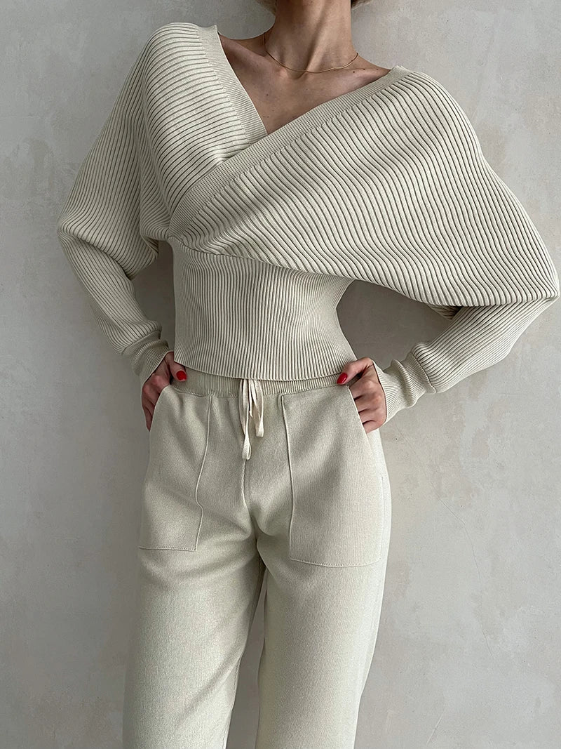 Women's Knitted Tracksuit™ Off Shoulder Knitted Long Sleeve Sweater and Pants Suits
