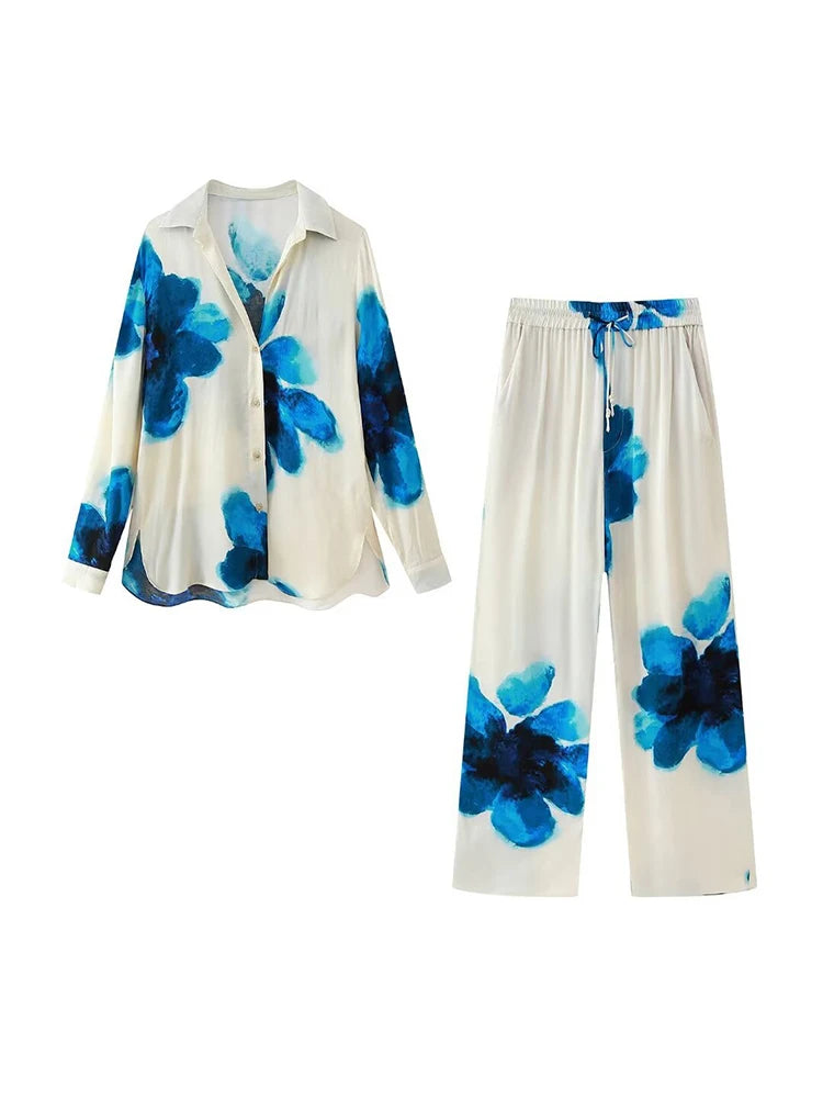 Women's TRAFZA Vintage Satin Suit™ Loose Lapel Shirt + High Waisted Pants Set
