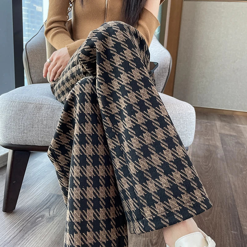 ITOOLIN Women's Plaid Tweed Pants™ Thicken Velvet Warm Wide Leg High Waist Pants