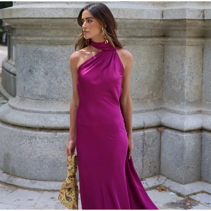 Women's Solid Ribbon Halter Dress™ Off Shoulder Sleeveless Backless Slim Maxi Dresses