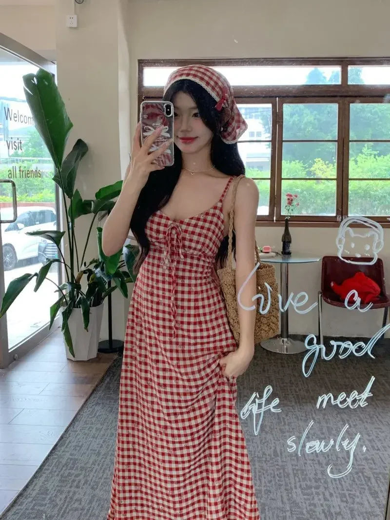 Women's Red Plaid Strapless Slim Fit Summer Dress™ French Style Backless Long Dress
