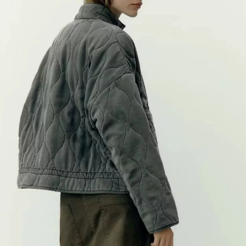 ZW Women's Cotton Jacket™ Traf New Arrival Vintage Lensing Rayon High Collar Large Pocket Quilted Coat