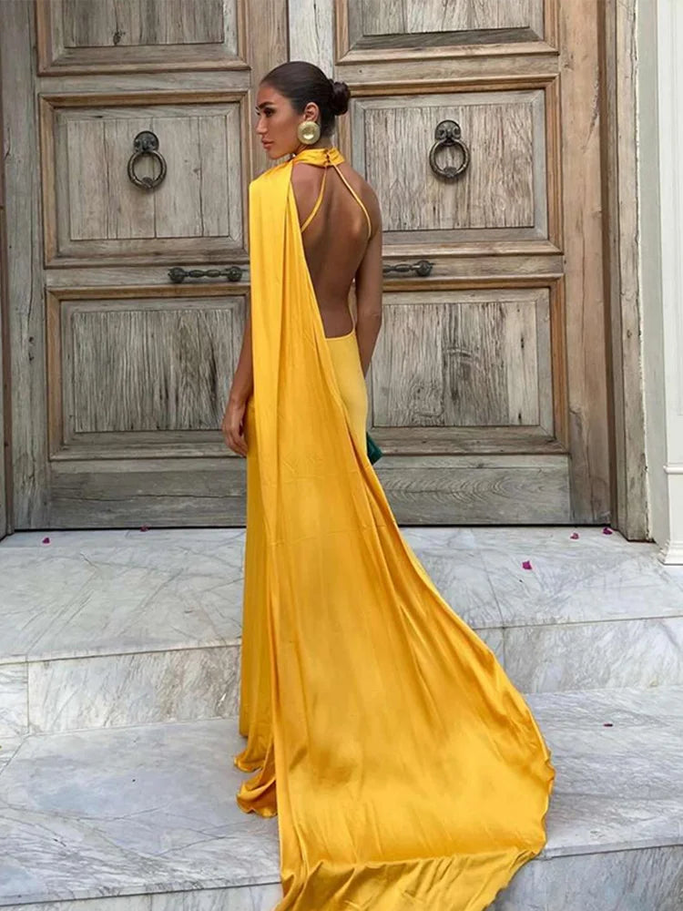 Women's Solid Ribbon Halter Dress™ Off Shoulder Sleeveless Backless Slim Maxi Dresses
