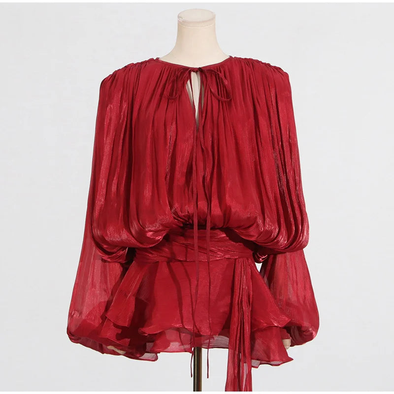 Women's Flounce Dress™ Loose V Neck Lace Up Hollow Out Lantern Sleeves Dress