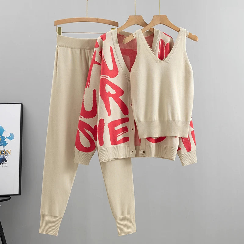 Women Tracksuit™ Spring Autumn 3 Piece Women Cardigan Tracksuits Knitted Pocket Pant Set Ladies Sweater