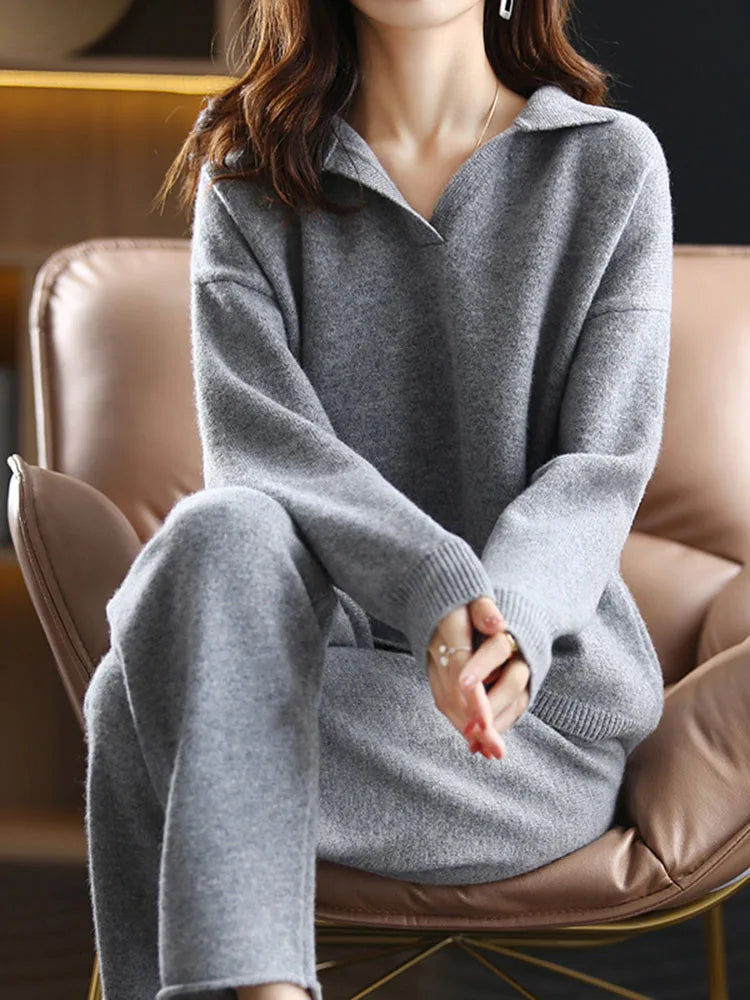 Women's Loose Knitted Sets™ Korean Polo Collar Sweater Pullover High Waist Pants