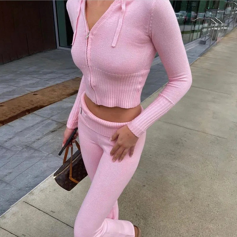 Women's Knitted Tracksuit™ Long Sleeve Zipper Hooded Sweater Crop Top Flare Pants Stretch Matching Suit Outfit