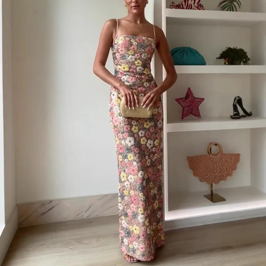 Women's Flowers Sequin Patchwork Slim Long Dress™ Strapless Sexy Sleeveless Dress