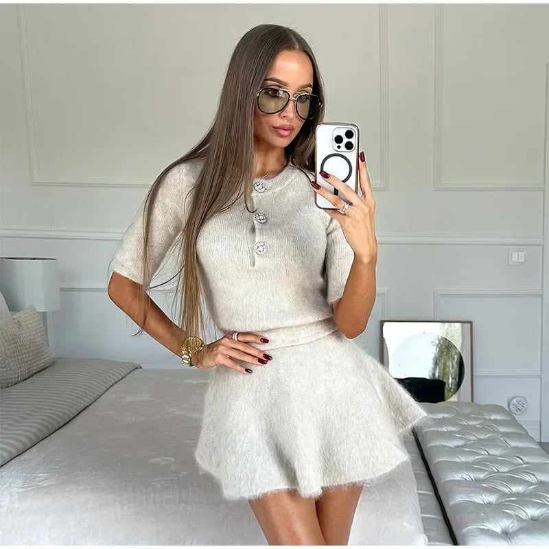 Women's Wool Suits™ Half Sleeve Slim Skirts Top Short Shirt Set Knitted Outfits