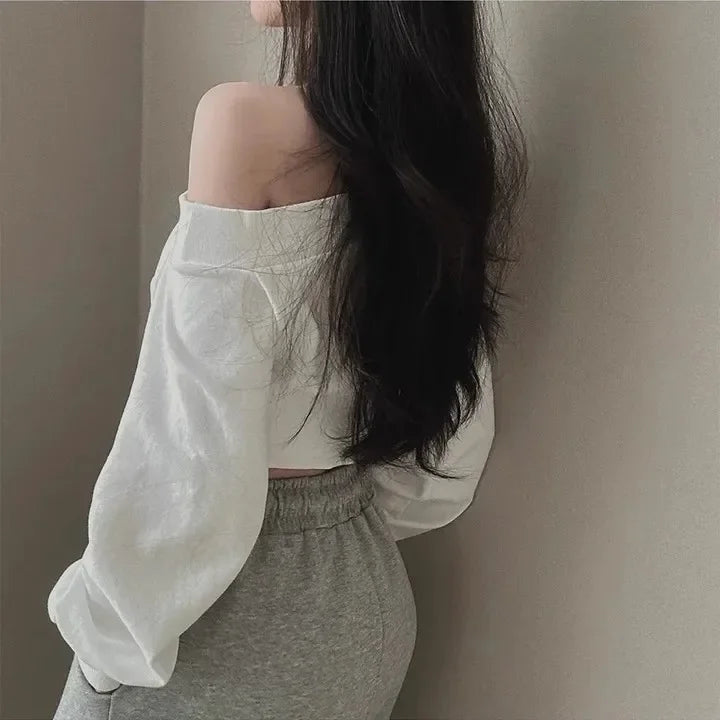 Women's Off-the-shoulder Sweatshirt™ Cropped Top Embroidery Loose-fit Windy Sweatshirt