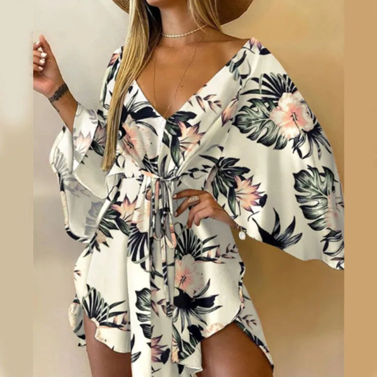 Women's Print V-Neck Bat Sleeve Ruffe Dress™ Flowers Print Bohemian Beach Mini Dresses