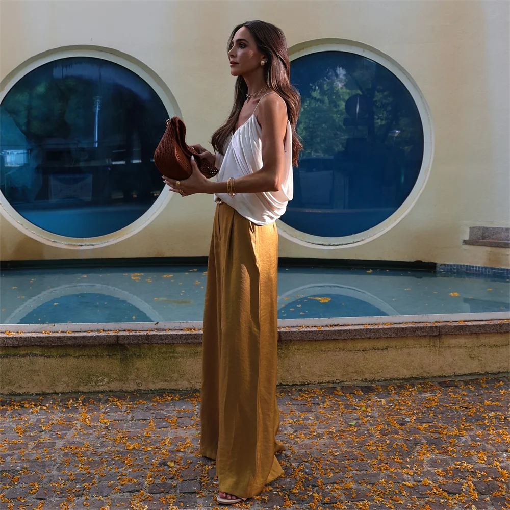 Women's Solid Color Belt Satin Pants™ Textured Wide Leg Casual Pants