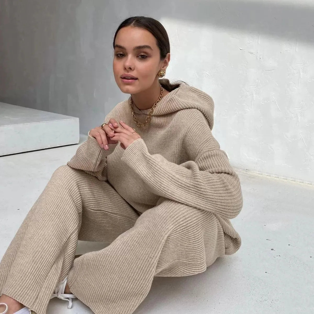Women's Homewear Soft Pajamas ™ Loose Hooded Tops And Wide Leg Pants Suit