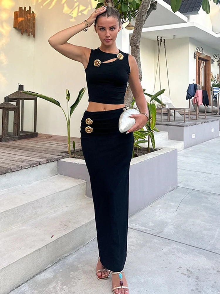 Women's Flower Hollow Out Suit™ Women Top Slim Sleeveless Tank High Waist Hip Package Skirt Suit