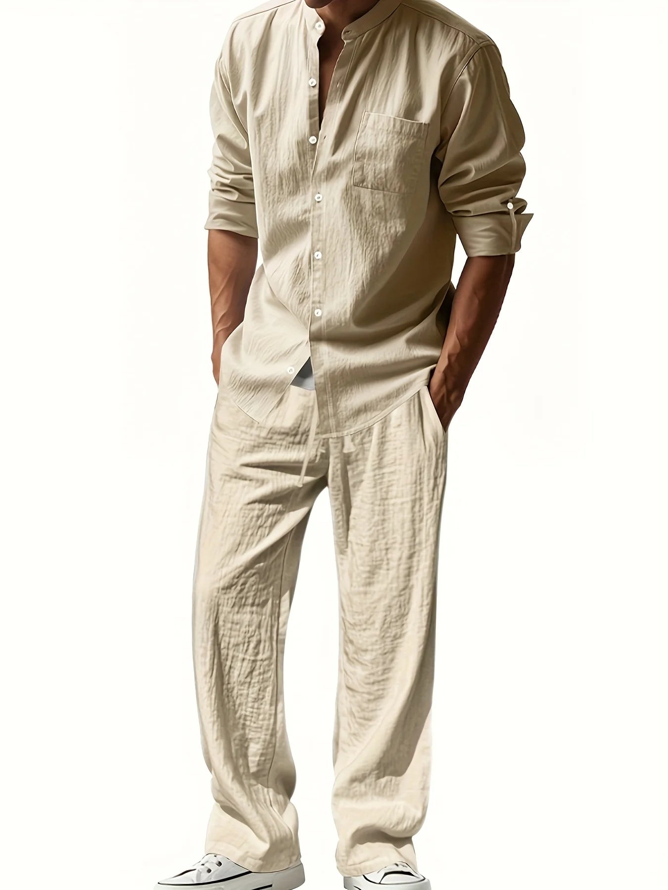 Men's Casual Linen Suit™ Long Sleeve Crew Neck T-shirt +Loose Fit Pants