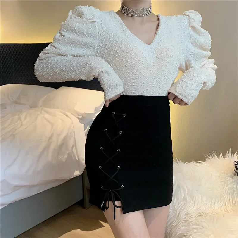 Women's Shorts Skirts™ High-waisted Slimming A- line Black Cross-body Tied Irregular Short Skirt