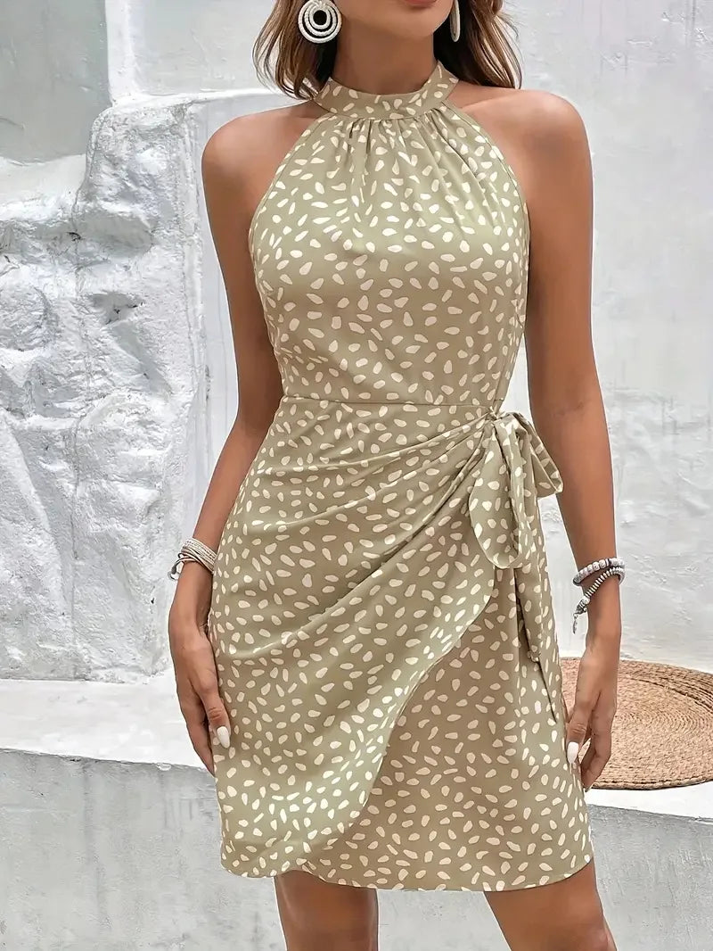 Women's Solid Colored Polka Dot Mini Dresses™ Sleeveless Lace Up Dress
