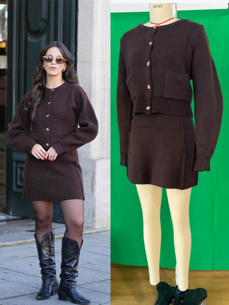 TRAFZA Women's Knitted Brown Suit™ Buttons Pocket Cardigan Sweater and Elastic Waist Slim Mini Skirt