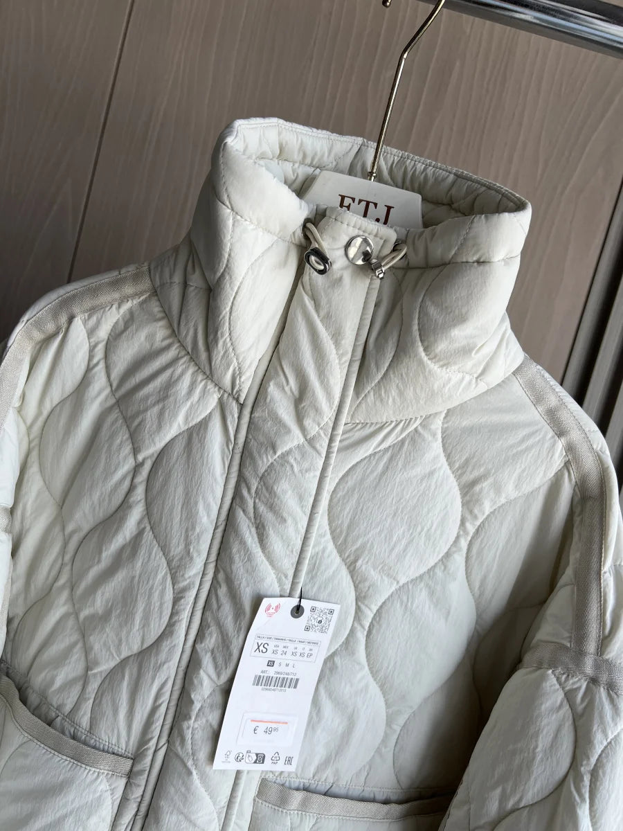 Women's Quilted Coat™ drawstring ties high neck pocket clip cotton jacket for women