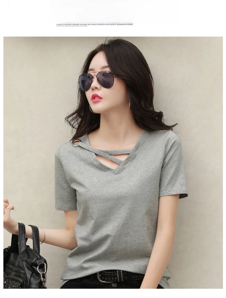 Women Short Sleeve Heart-neck T-shirt™ Half-sleeve Loose Tops