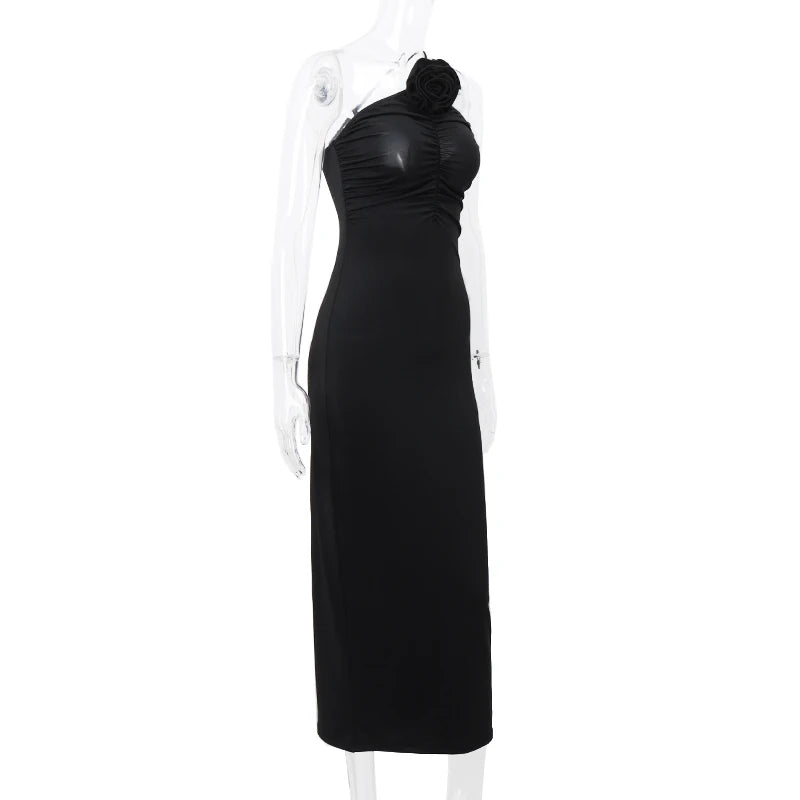 Women's Solid Sleeveless Slim Dress Aesthetic Oblique Strap Backless Prom Dresses