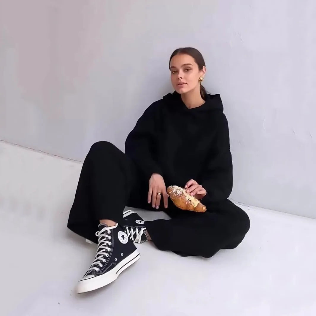 Women's Homewear Soft Pajamas ™ Loose Hooded Tops And Wide Leg Pants Suit