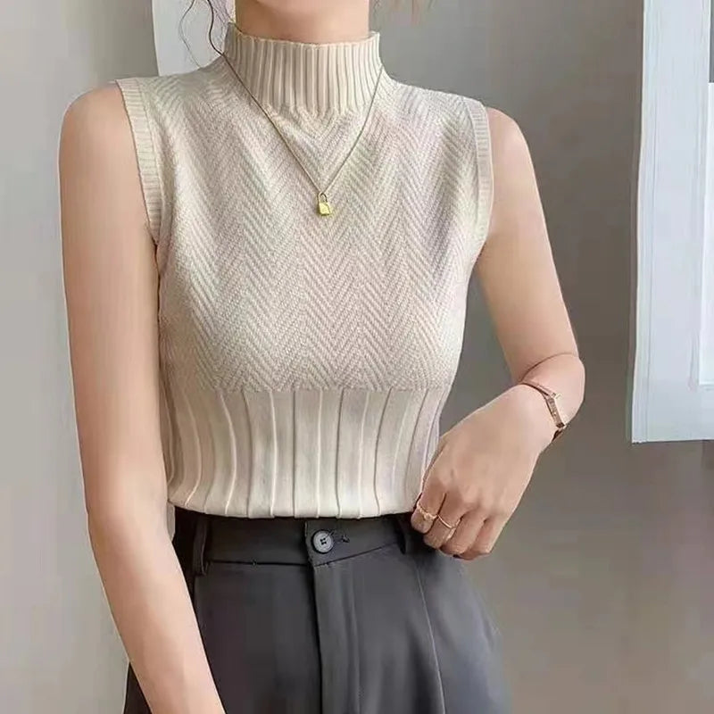 Women's HELIAR Summer Knitted Tank Tops™ Solid Sleeveless Half High Collar Slim Base T-Shirts