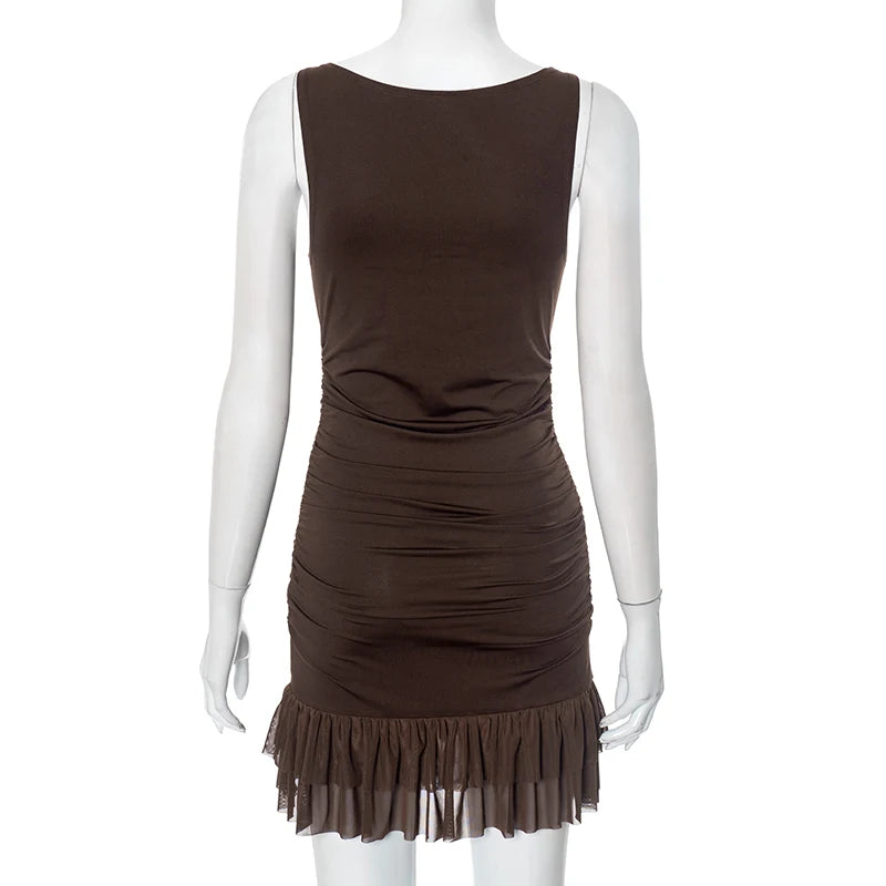 Women's Mini Dress™ Sleeveless Pullover Shrink Pleated Ruffle Hem Mesh Lace Short Dress