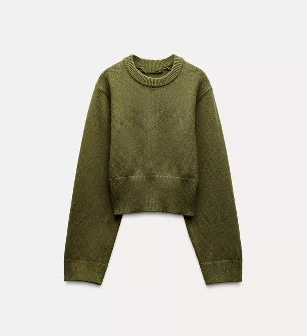 Women's Knitted Traf Sweater™ Loose Long Sleeve Round Neck Ribbed Hem Short Cardigan