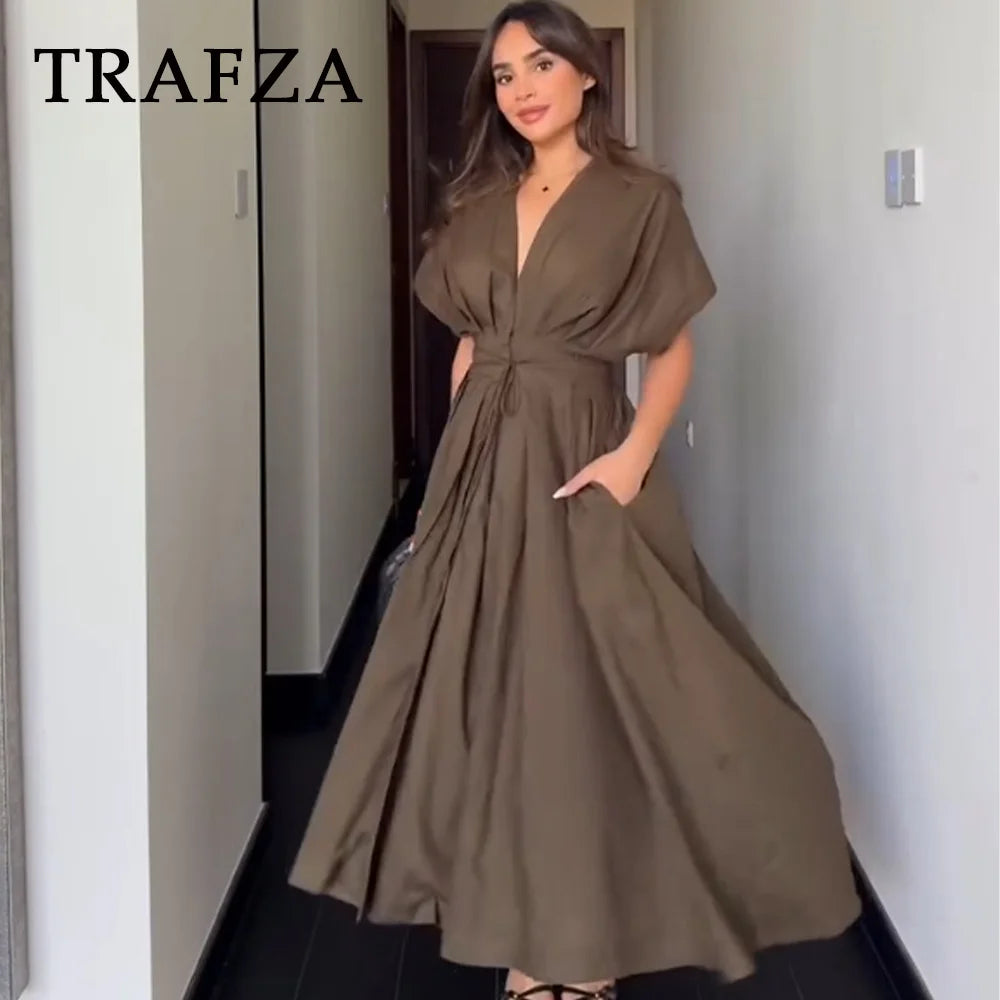 Women's Dresses™ TRAFZA Vintage Fashion Single Breasted Sashes Draped V Neck Sleeveless Dresses