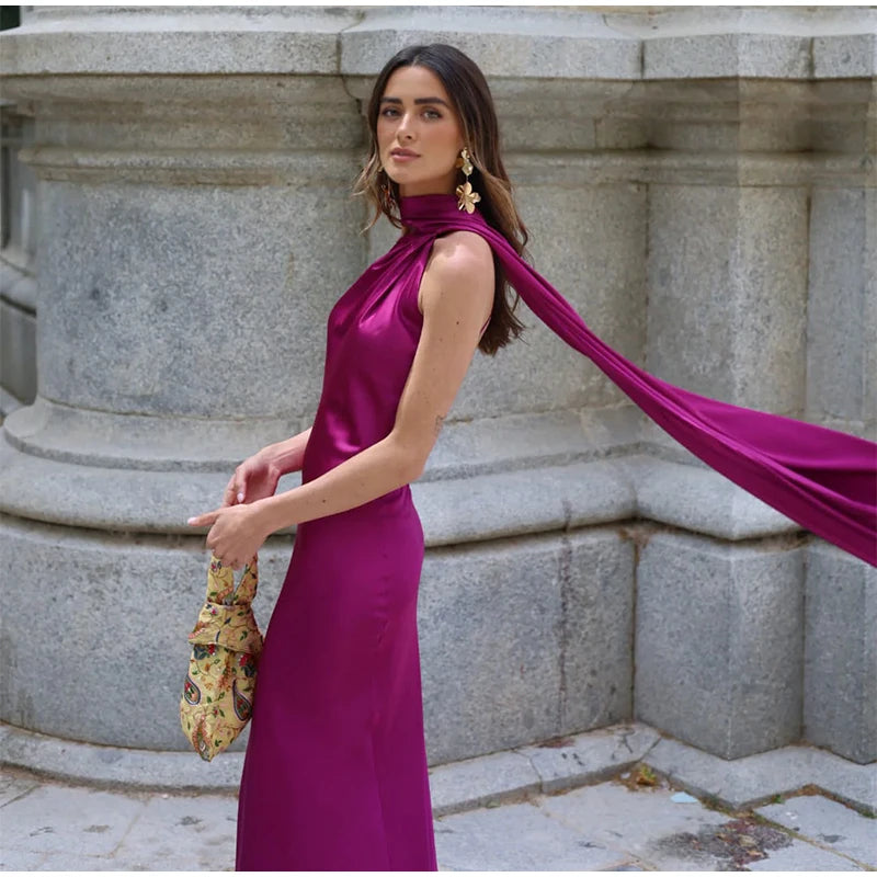 Women's Solid Ribbon Halter Dress™ Off Shoulder Sleeveless Backless Slim Maxi Dresses