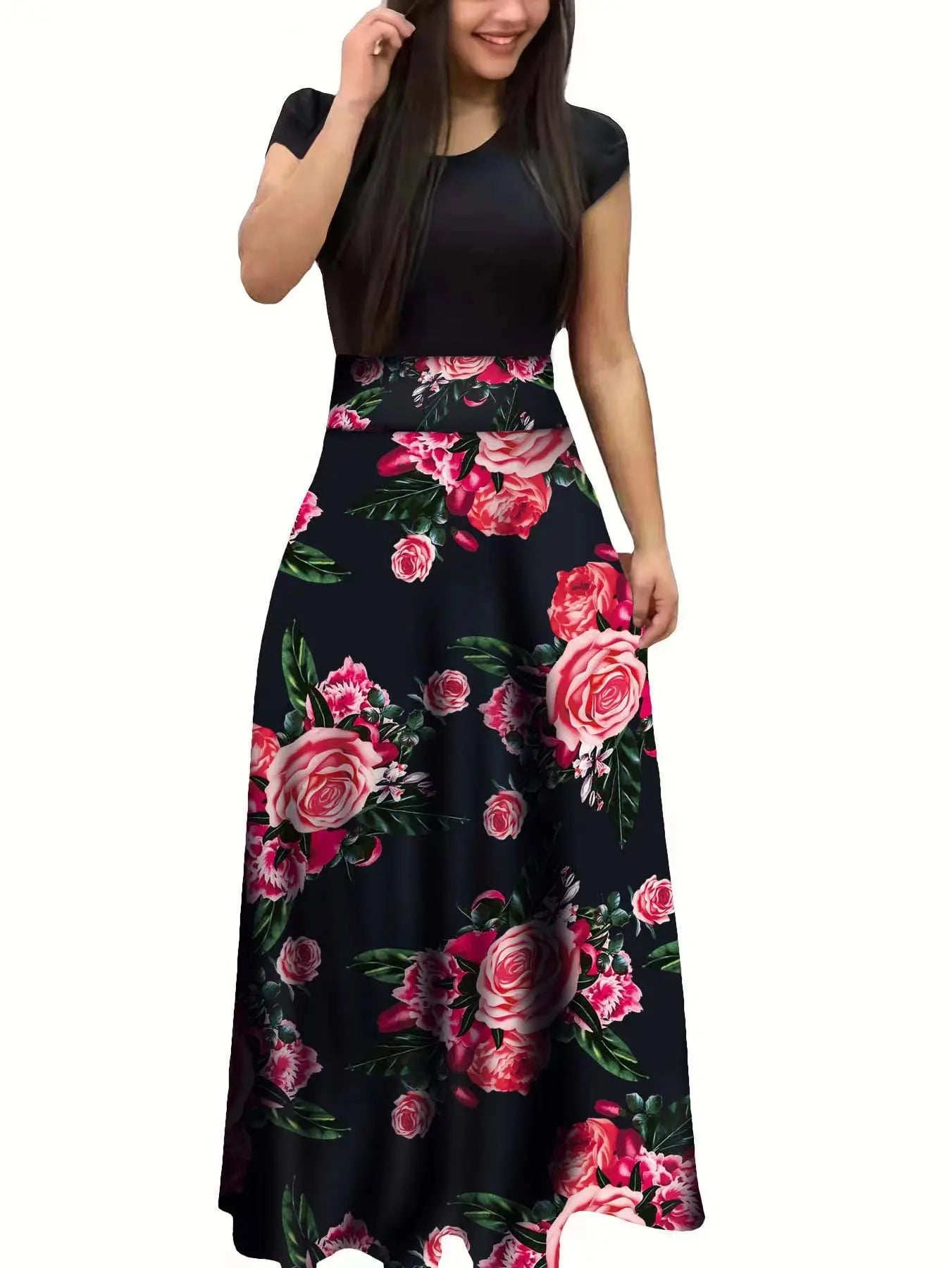 Women's Short Sleeves Dress™ Style flower print color matching short sleeved dresses