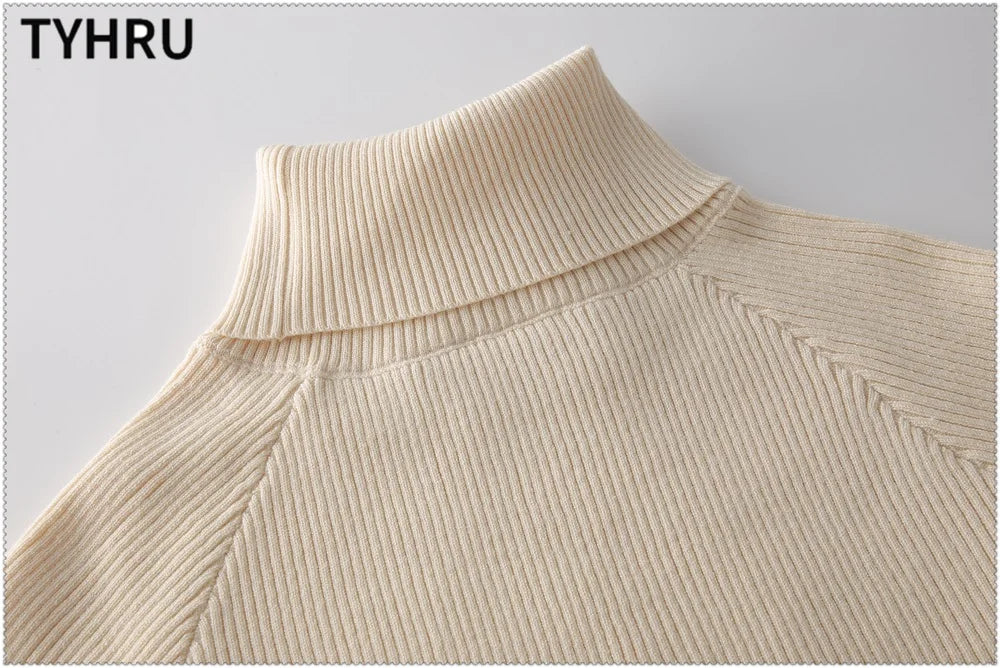 Women's tracksuit™ TYHRU Autumn Winter Knitted Striped Turtleneck Sweater and Elastic Trousers Set