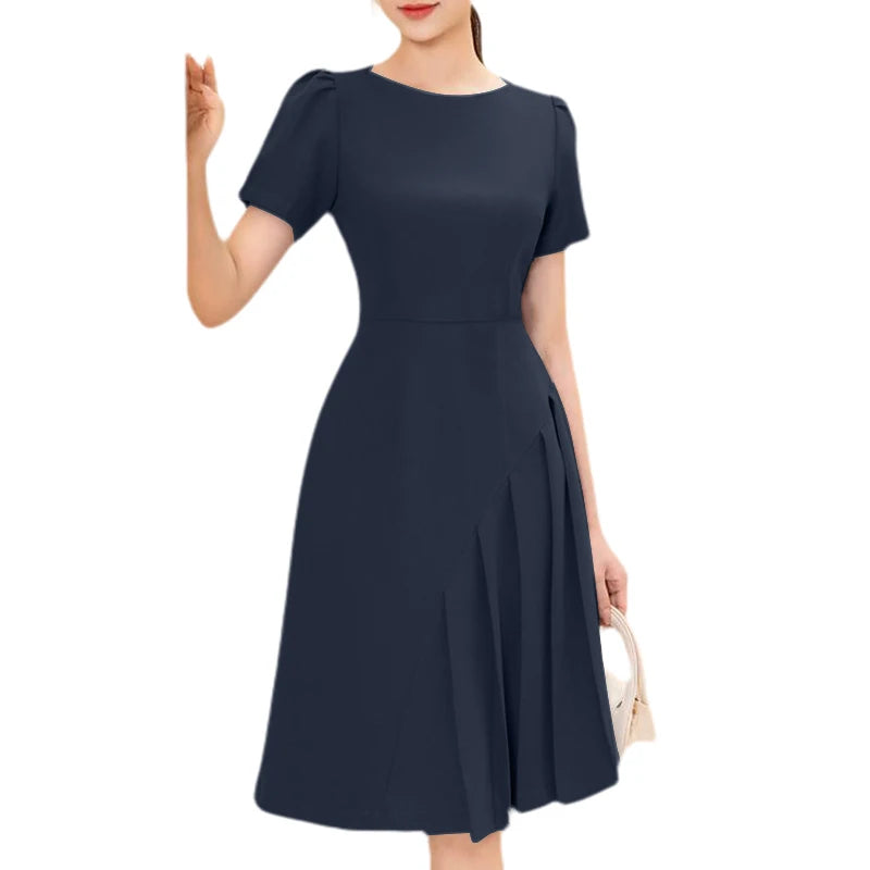 Women's ZANZEA Summer Elegant OL Work Dress™ Short Sleeve A Line Solid Pleated Dresses