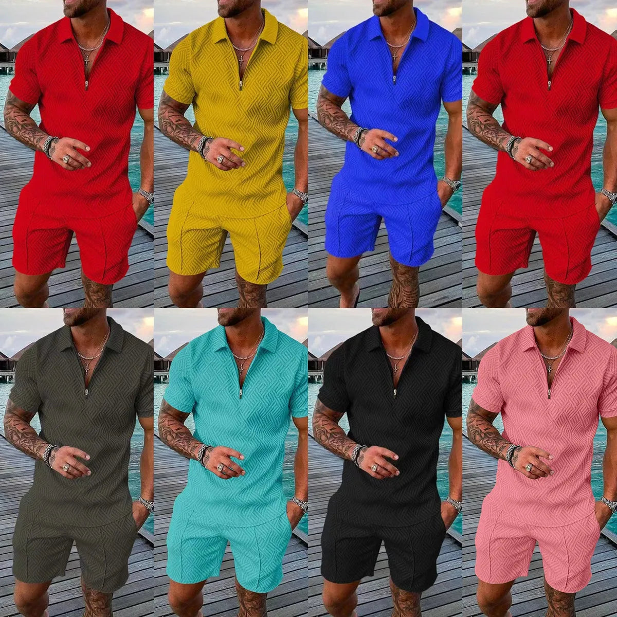 Men's Shorts Set™ Short Sleeve Zip Polo Shirt Street T-shirt Two Piece Casual Sportswear