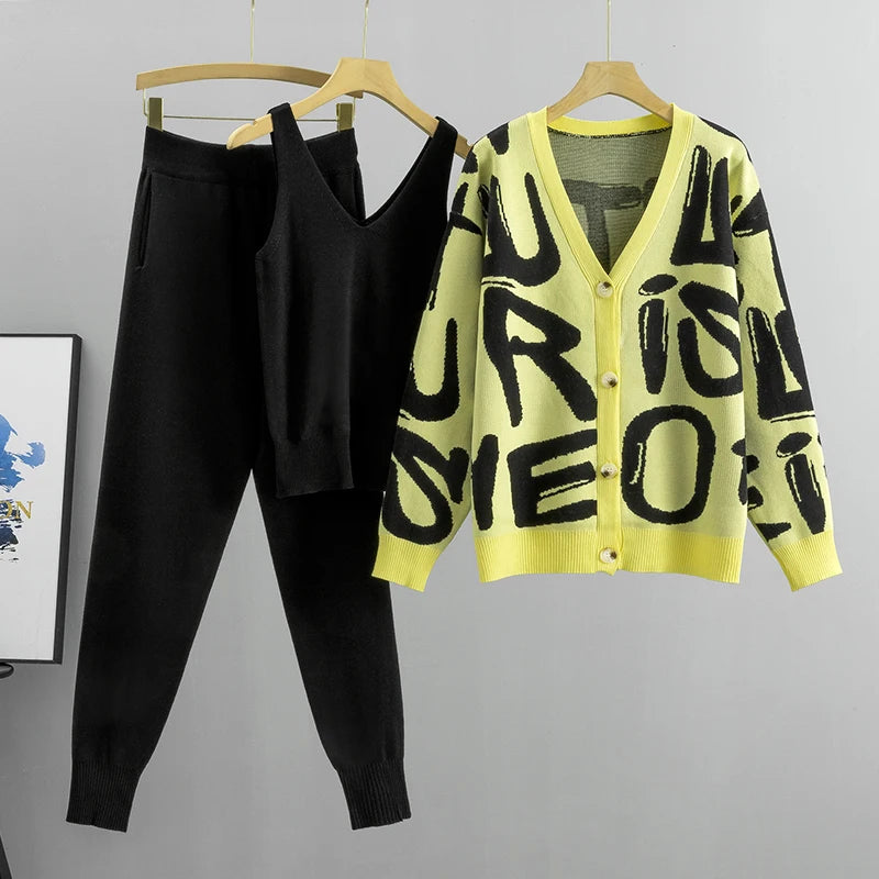 Women Tracksuit™ Spring Autumn 3 Piece Women Cardigan Tracksuits Knitted Pocket Pant Set Ladies Sweater