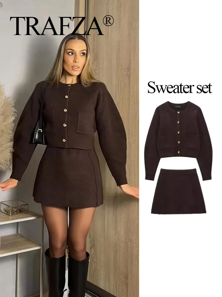 TRAFZA Women's Knitted Brown Suit™ Buttons Pocket Cardigan Sweater and Elastic Waist Slim Mini Skirt