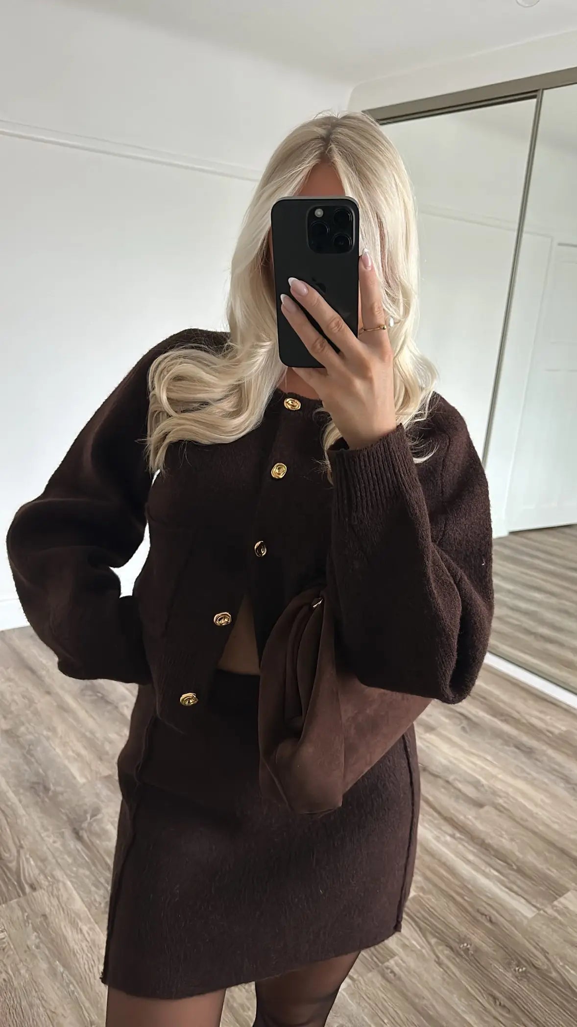 TRAFZA Women's Knitted Brown Suit™ Buttons Pocket Cardigan Sweater and Elastic Waist Slim Mini Skirt