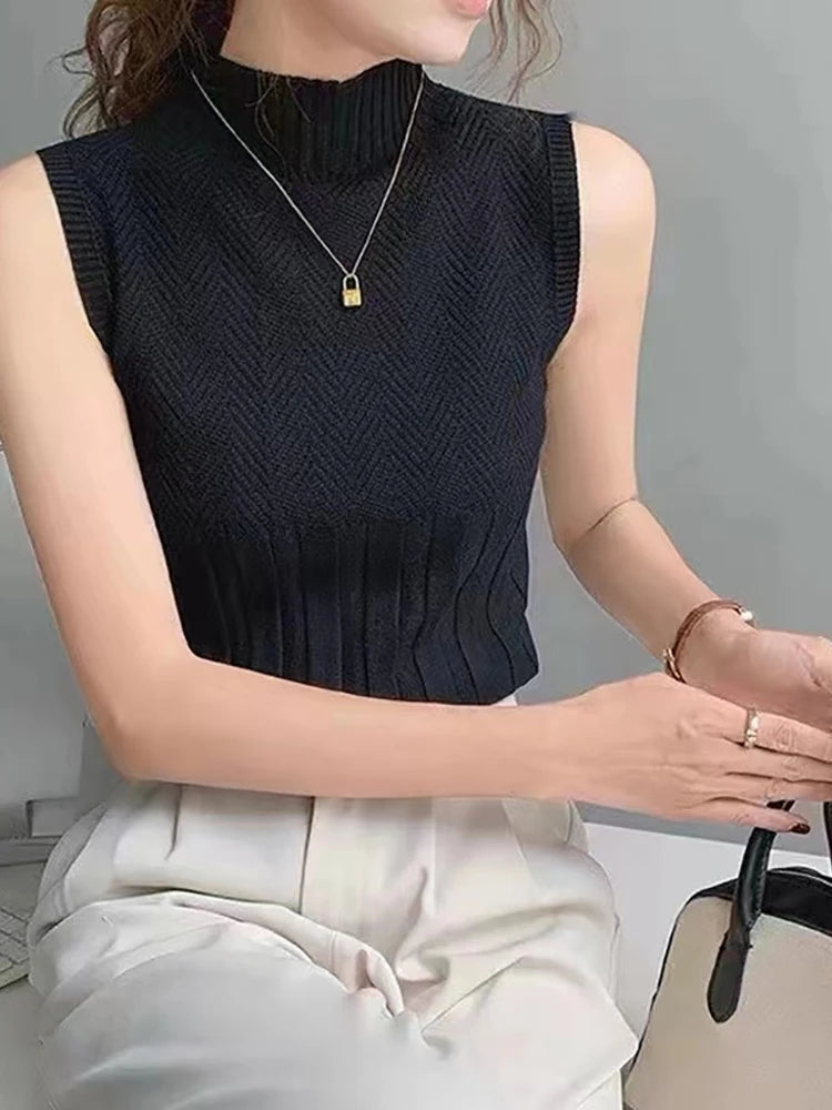 Women's HELIAR Summer Knitted Tank Tops™ Solid Sleeveless Half High Collar Slim Base T-Shirts