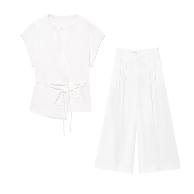 Women's TFMLN Suits™ Sleeveless V-Neck Top With Belt + Straight Pants Set