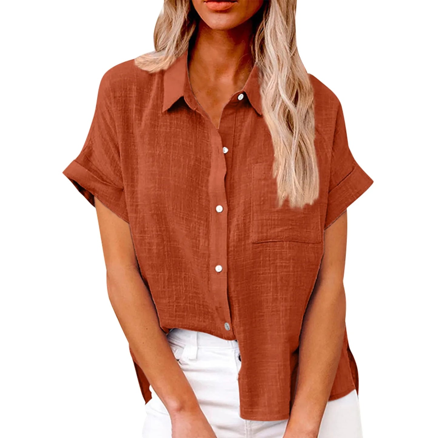 Women's Cotton Linen Classic Shirts™ Short Sleeve Lapel Button Down Shirt