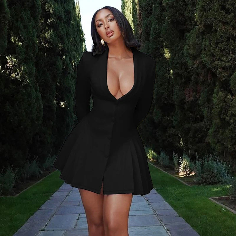 Women's Elegant Dress™ Single-breasted Pleated Mini Dress Fashion Deep V-neck Long Sleeved A-line Dresses