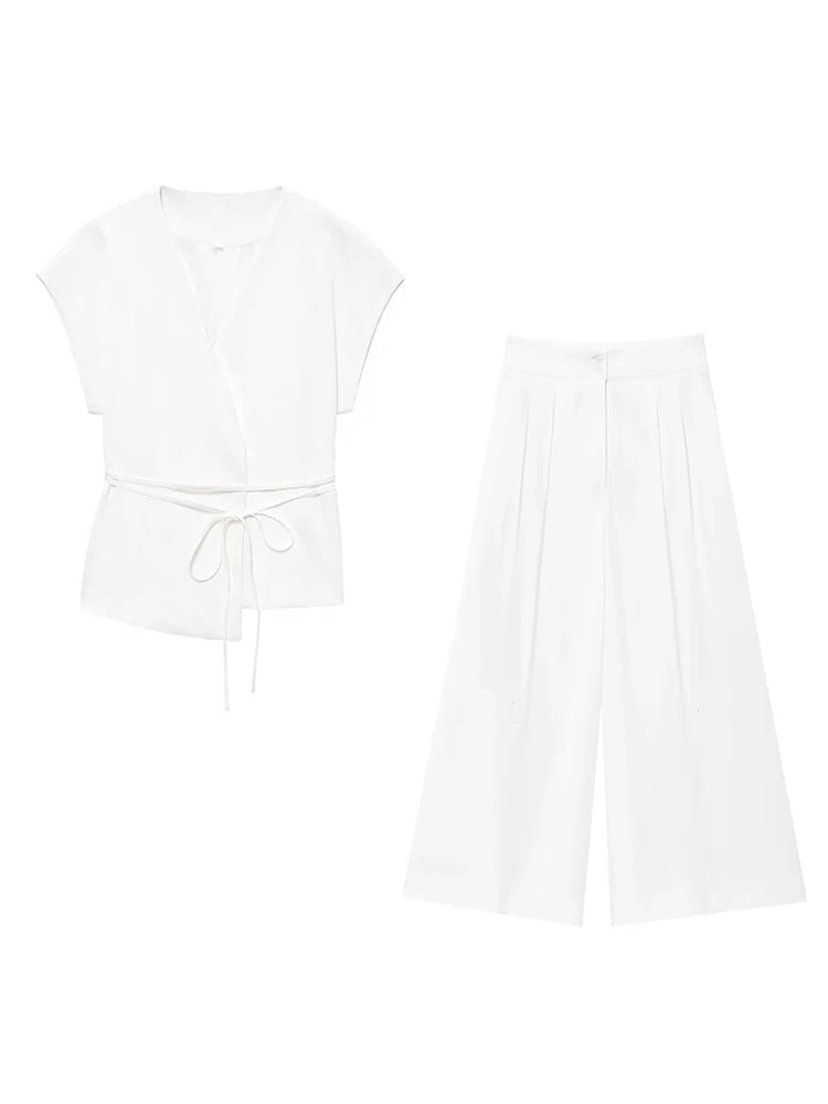 Women's TFMLN Suits™ Sleeveless V-Neck Top With Belt + Straight Pants Set
