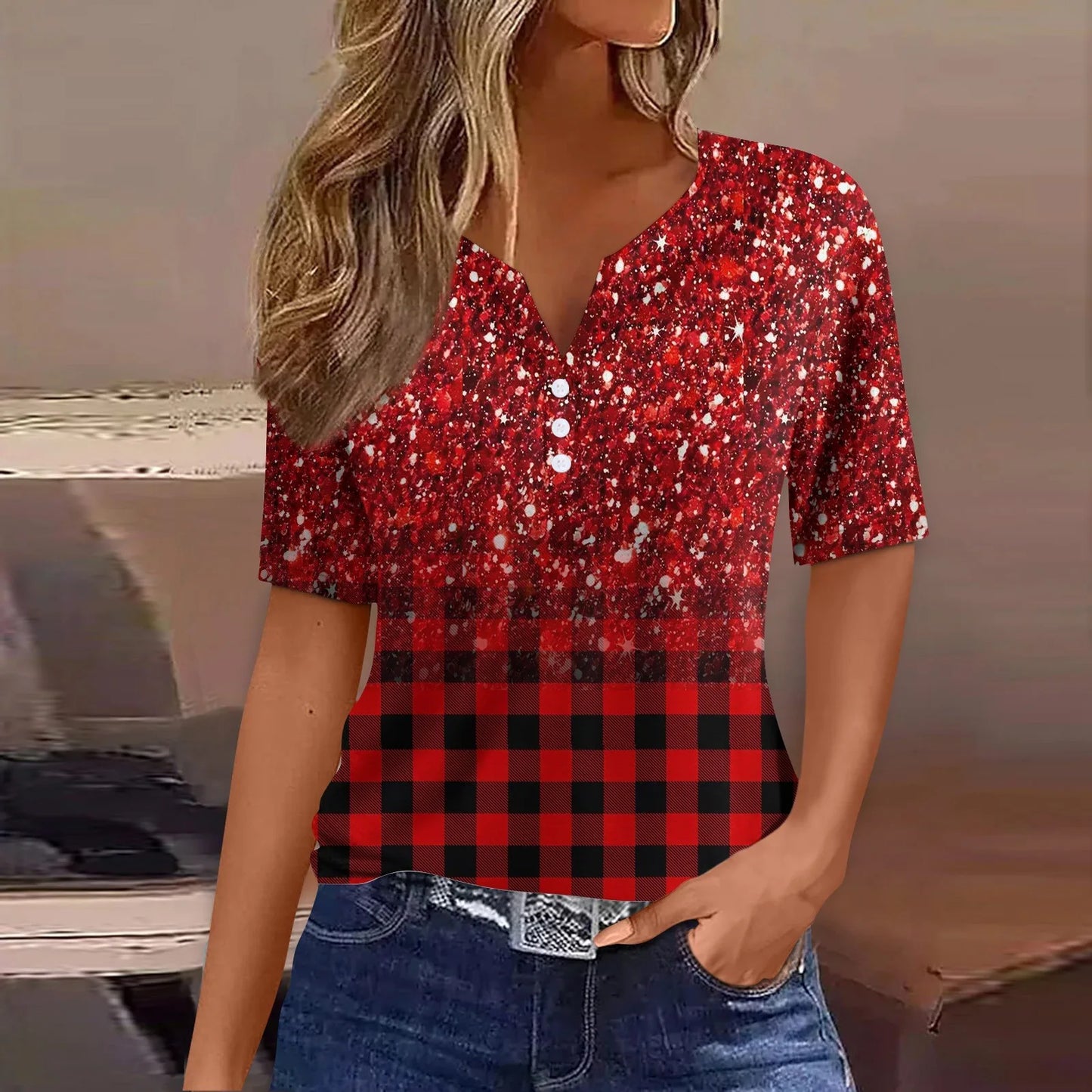 Women's Summer Patchwork T-Shirts™ Short Sleeve Loose Ladies V-Neck Tops