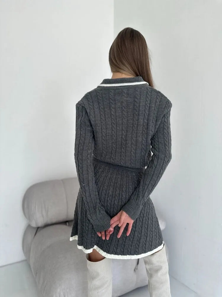 Women's Knitted Set™ Long Sleeve Lapel Buttons Knitting Sweater Short Skirt Sets